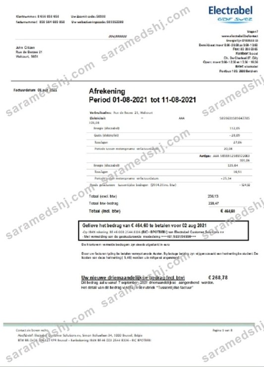 Belgium Electrabel electricity utility bill template, fully editable in Word and PDF format